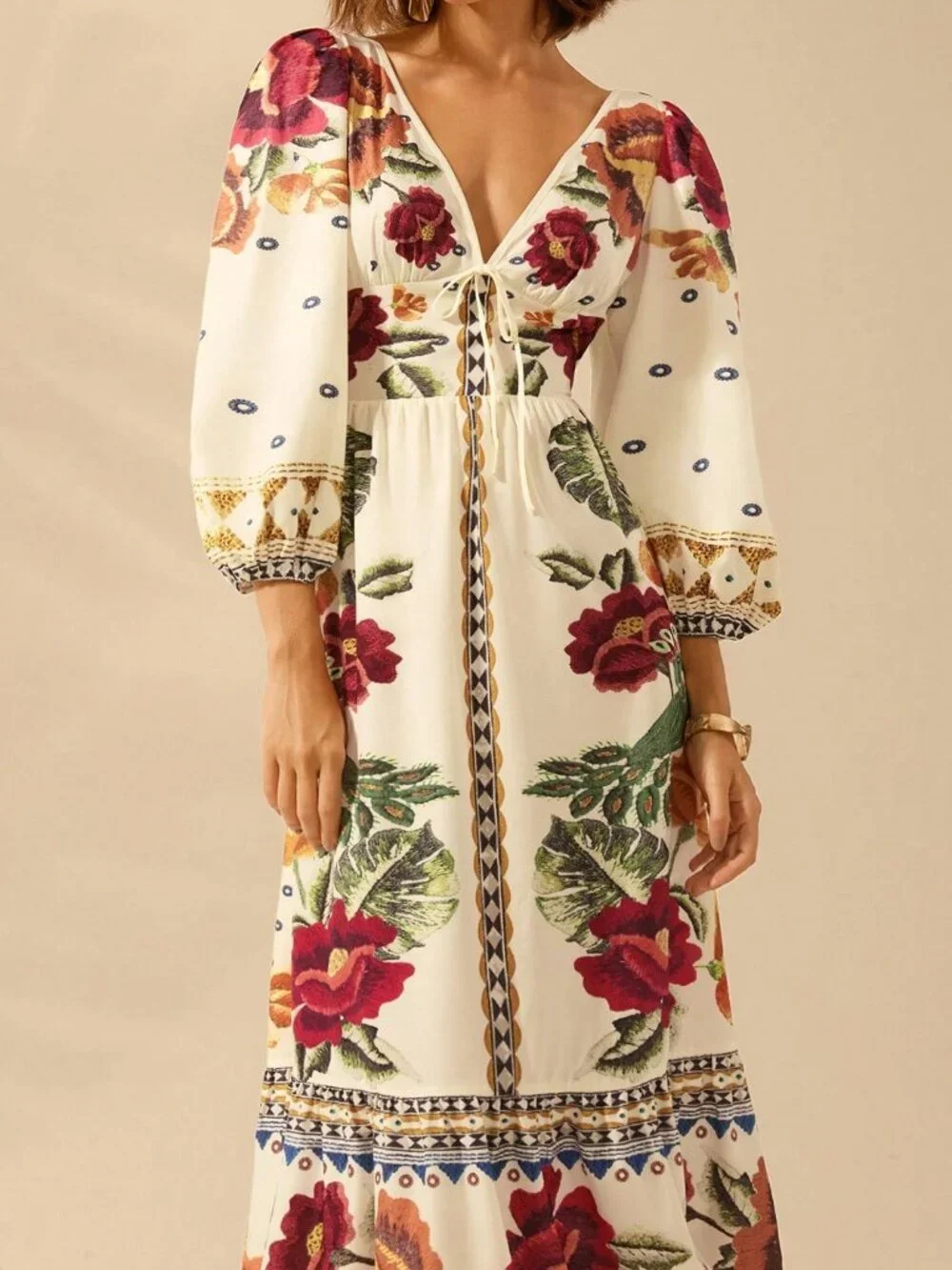 Multicolor Boho Women's Floral Print V-Neck Long Sleeve Hollow Back Dress - Picture 3 of 7